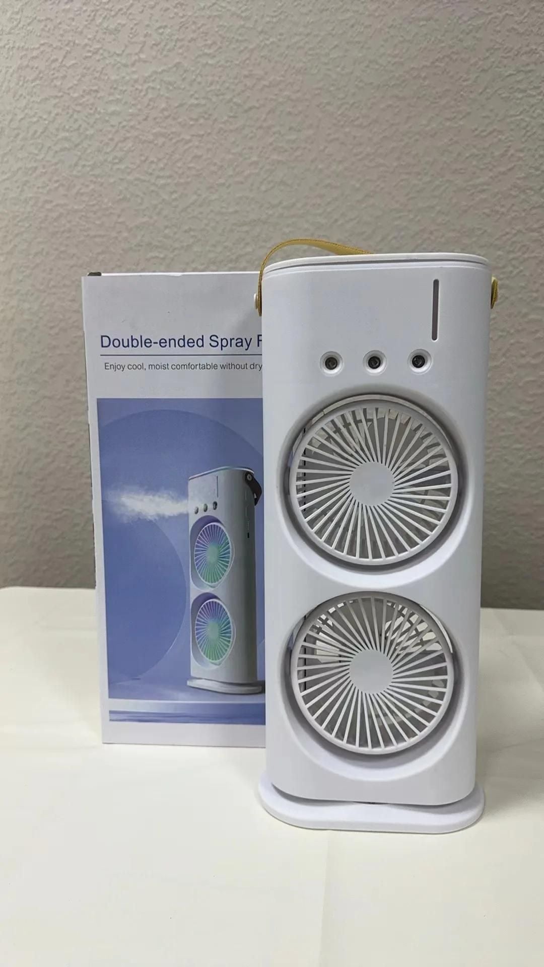 Stay cool and refreshed anywhere with the Double-Ended Spray Fan – dual mist, double breeze, ultimate comfort!